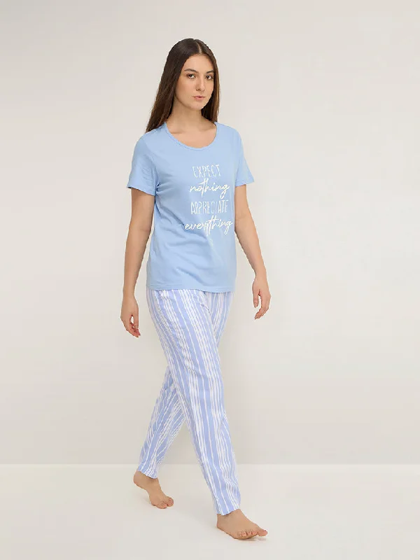 Wunderlove Light Blue Striped High-Rise Lounge Pants Relaxed High-Waist Trousers
