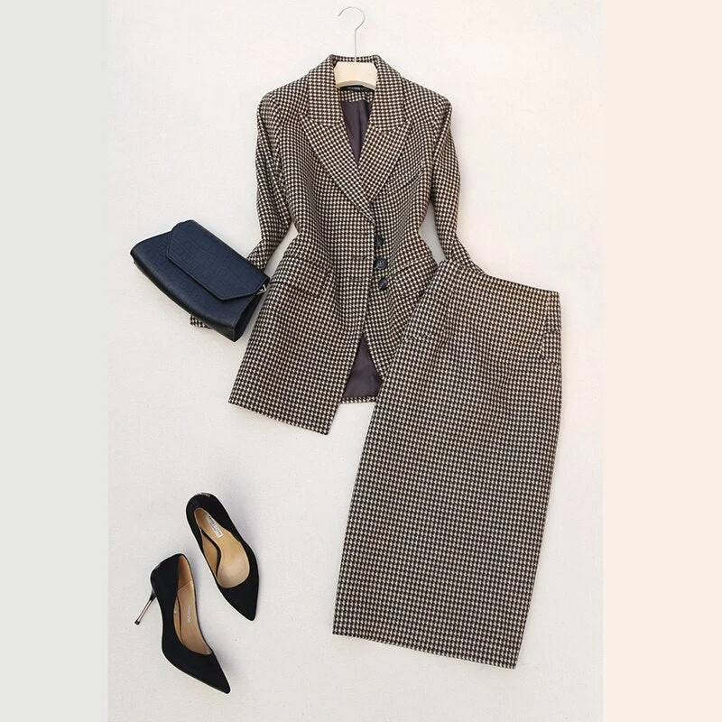 Elegant Plaids Suit Blazer Jacket +  Suit Skirt One Set Office Lady Business Casual Suit Sets Print Jacket Jacquard Jacket Patchwork Jacket
