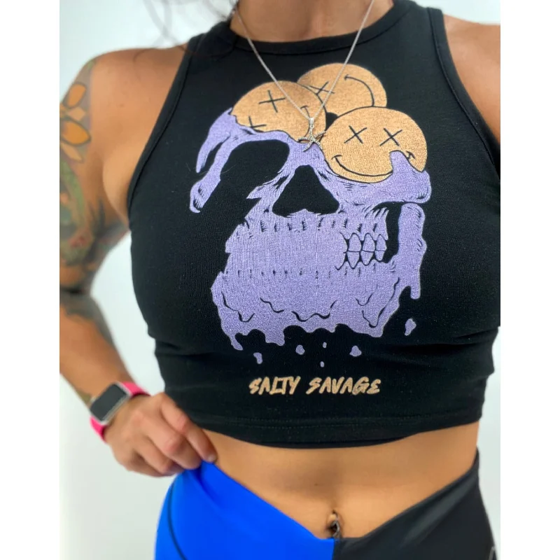 Salty Savage Ladies “Happy Thoughts” High Neck Sleeveless Crop Tank ivory tank top