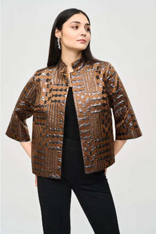 Joseph Ribkoff Brown/Gunmetal Metallic Geometric Print Boxy Jacket 243192 Satin Jacket Silk Jacket Chiffon Jacket