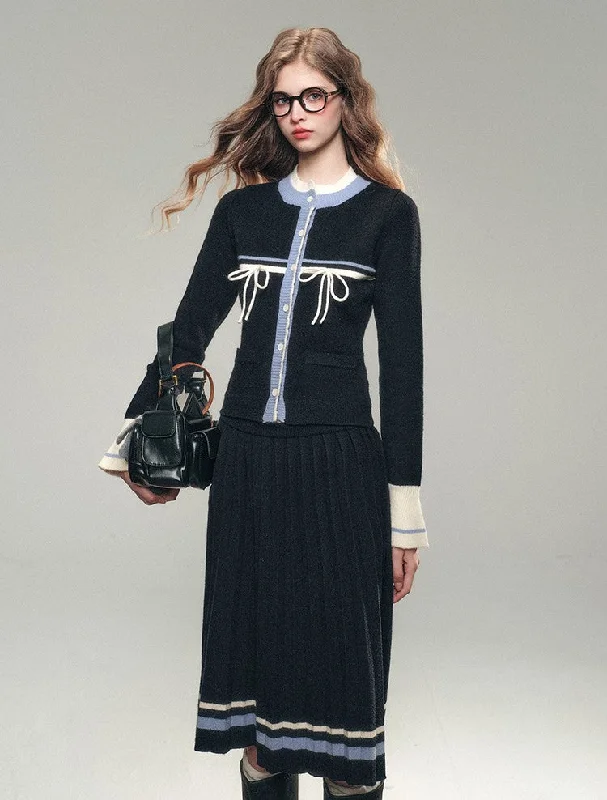 Contrast Color Knitted Sweater Cardigan/High Waist Pleated Skirt GRO0079 Open Front Closed Front Wrap Front