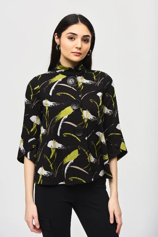 Joseph Ribkoff Black/Multi Brushstroke Print Knit Jacket 243326 Collared Jacket Crew Neck Jacket Turtle Neck Jacket