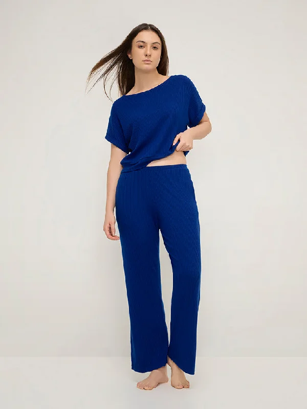 Wunderlove Blue Ribbed High-Rise Lounge Pants Elegant High-Waist Pants