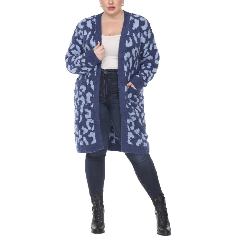 White Mark Womens Plus Knit Leopard Cardigan Sweater Chenille Blend Fleece Blend Nylon Blend