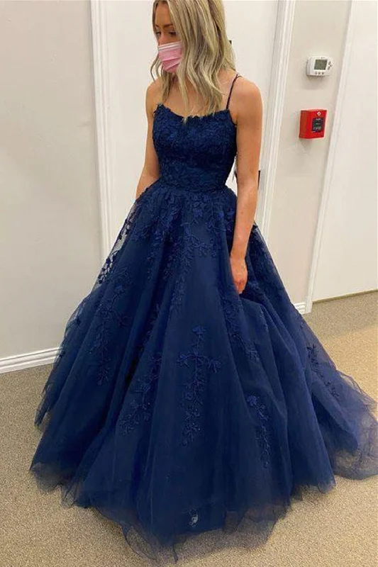 Navy Blue Lace Long Prom Dresses, Navy Blue Formal Evening Dresses, Lace Party Dresses Tunics Exclusive limited