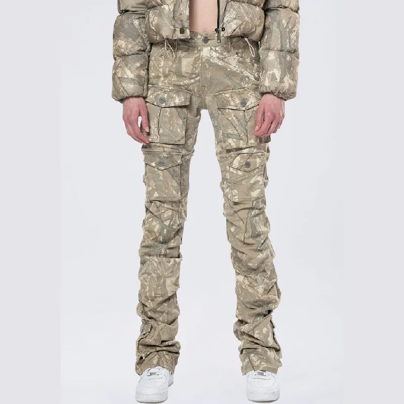High Rise Stacked Print Twill Pants - Khaki Hunting Camo Comfortable Denim Pants