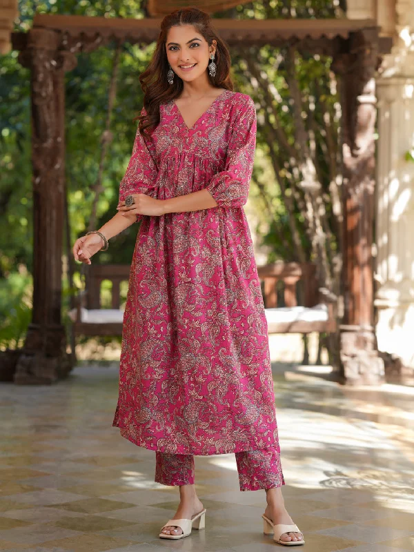 Pink Pure Cotton Floral Printed A-Line Kurta Pant Set Stylish Paperbag Waist Pants