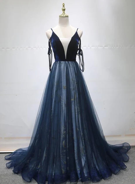 Elegant blue A-line shoulder strap backless chiffon long evening dress party dress, blue deep V-neck chiffon printed evening dress Tunics Gym athletic