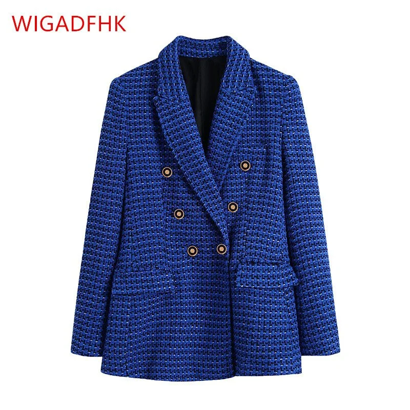High Qualit Za Woman Casual Traf Coats Autumn Winter Thick Tweed Woolen Jacket Ornate Buttons Female Plaid Long Blazers Blue Jersey Jacket Tulle Jacket Batik Jacket