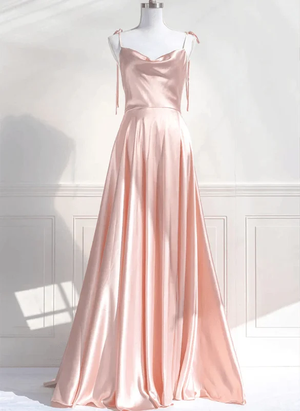 Cute A-Line Pink Satin Straps Sweetheart Prom Dresses, Pink Satin Party Dresses Evening Dresses Halter Neckline Beach