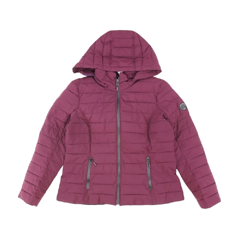Burgundy Solid Puffer Jacket Knit Fabric Woven Fabric Fleece Fabric