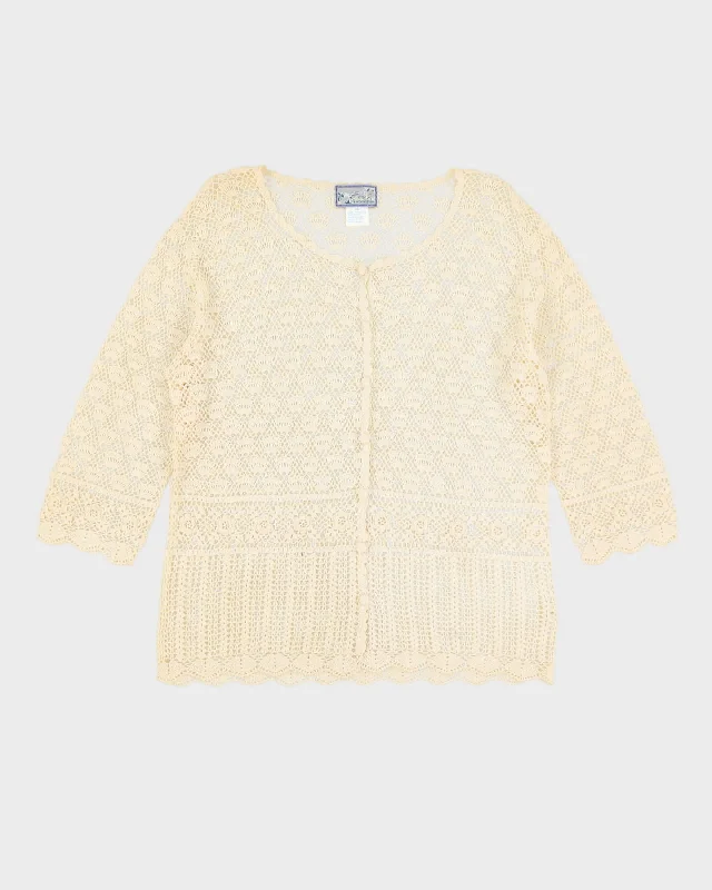 Y2K Cream Crocheted Cardigan - L Boat Neck Shawl Collar Notched Collar