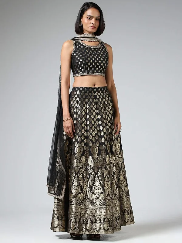 Vark Brocade Printed Black Choli with Skirt & Dupatta linen skirt natural
