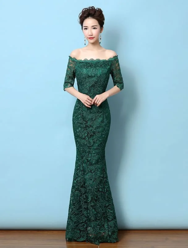 Lace Evening Dress Off The Shoulder Mermaid Party Dress Dark Green Half Sleeve Maxi Occasion Dress Wedding Guest Dress Boatneck Modish Everyday