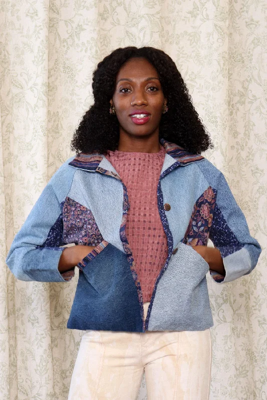 Indigo Denim Patchwork Jacket XS/S Cotton Jacket Linen Jacket Terry Jacket