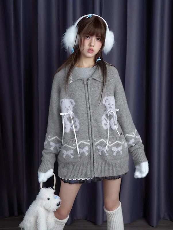 Snowflake Gray Bear Fair Isle Sweater Cardigan SAG0190 Real Fur Shearling Chenille