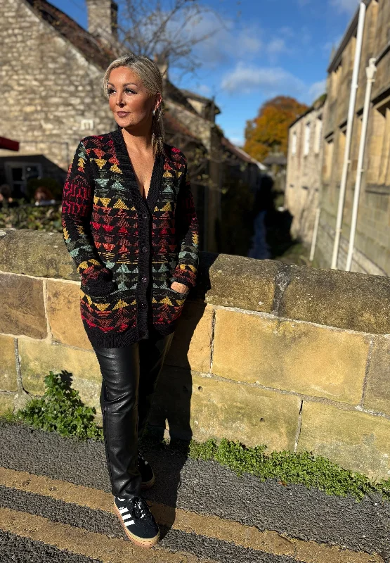 Marley Cotton Wool Blend Jacquard V-Neck cardigan in Multi Elegant Classic Vintage