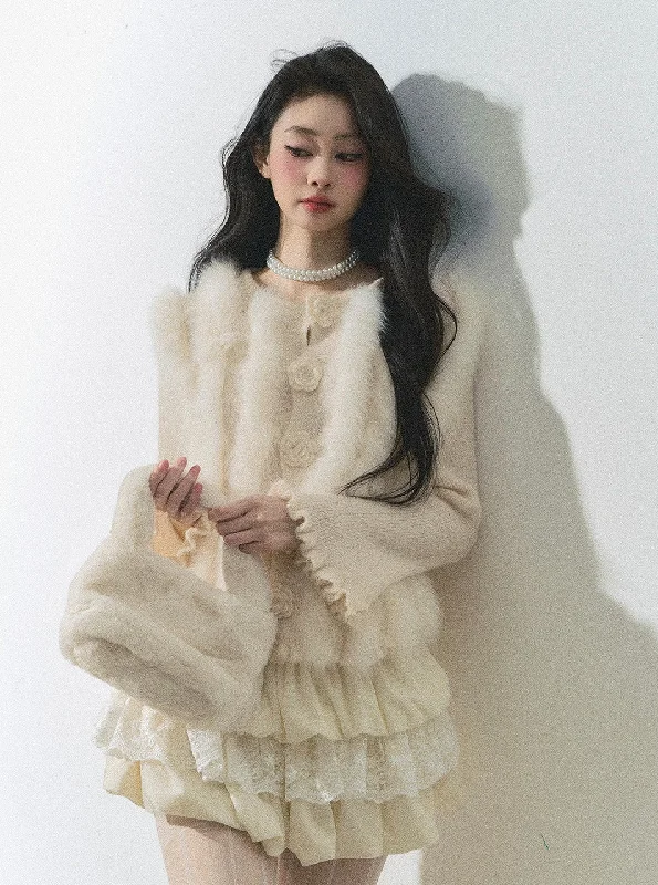 Rose French Plush Patchwork Fur Cardigan DIA0253 Elegant Classic Vintage