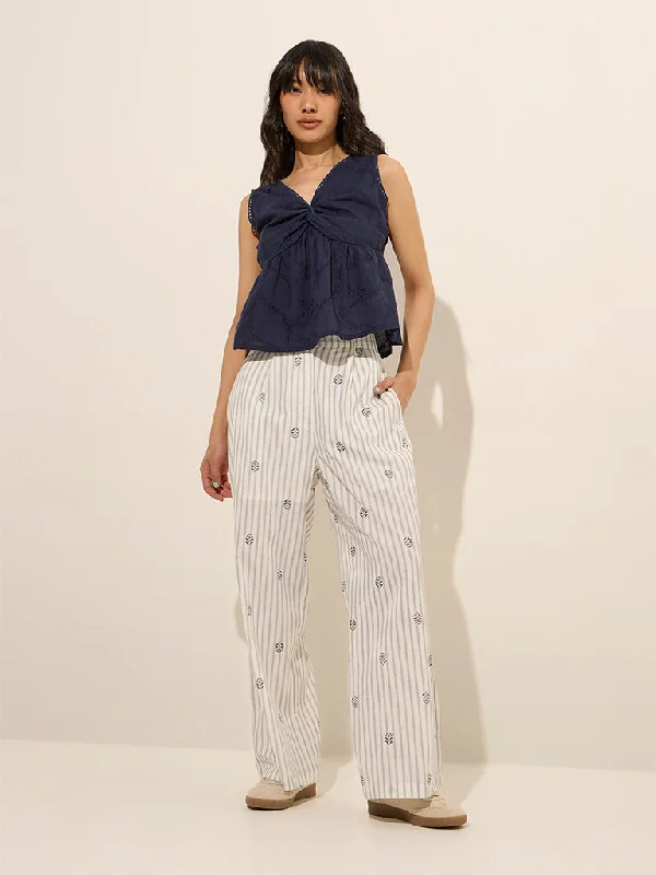 Bombay Paisley Ivory Striped High Rise Cotton Pants Chic Capri Pants