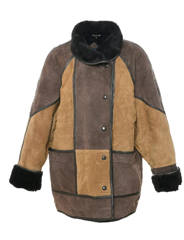 Brown Faux Shearling Suede Jacket - L Belted Jacket Elasticated Jacket Padded Jacket