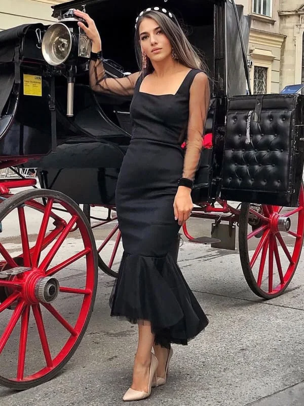 Black Evening Dress Mermaid Square Neck Long Sleeves Zipper Ruffles Polyester Bodycon Formal Party Dresses Peplum Ruffle Cocktail