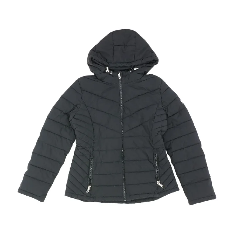 Black Solid Puffer Jacket Zippered Front Buttoned Front Snap Front