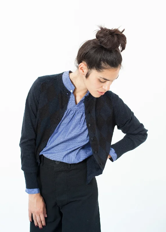 Quilt Pattern Cardigan in Black/Navy Cotton Fabric Linen Fabric Terry Fabric
