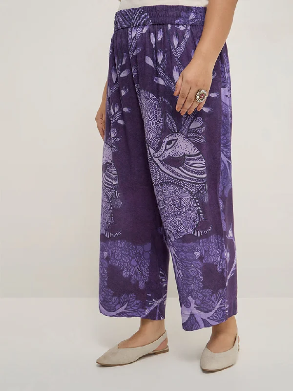 Diza Purple Botanical Printed High-Rise Ethnic Pants Comfortable Pleated Pants