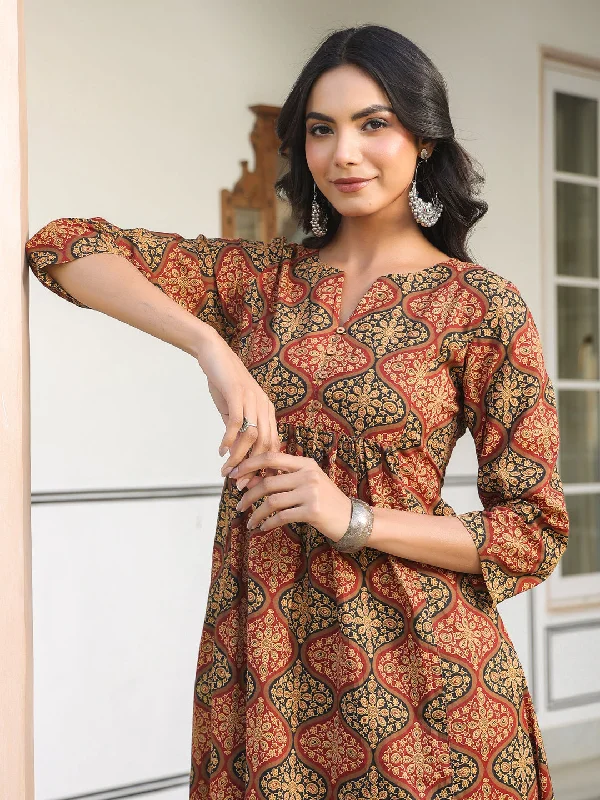 Brown Pure Cotton Ethnic Motifs Printed A-line Kurta Pant Set Formal Wide-Leg Pants