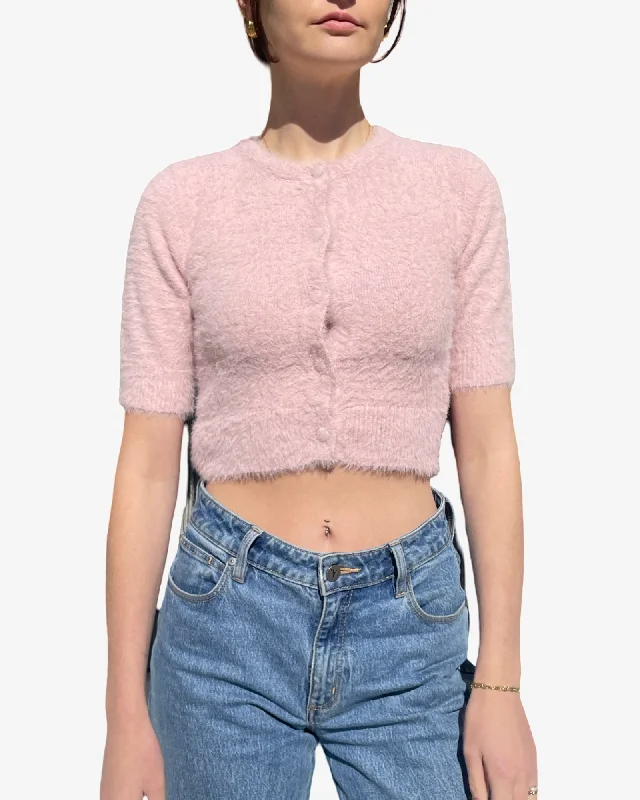 Fuzzy Short Sleeve Cardigan Boxy Cardigan Fitted Cardigan A-Line