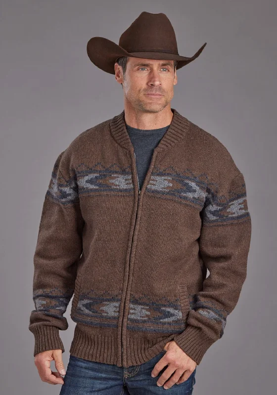 Stetson Mens Thunderbird Border Brown Cotton Blend Cardigan Sweater Solid Color Striped Floral Print