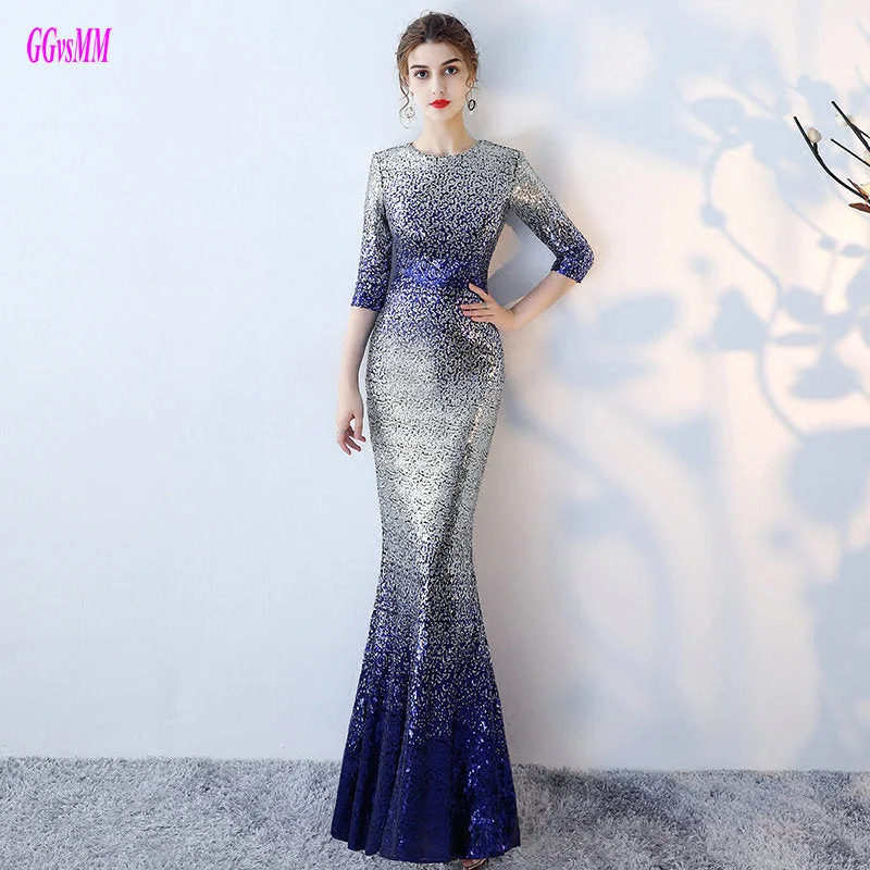 Unique Multi Colors Mermaid Evening Dresses Sexy Long Evening Party Dress O-Neck Sequin Sashes Women Formal Evening Gowns Cowl Neckline Elegant