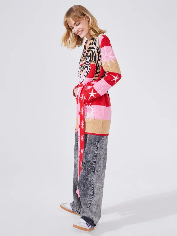 Tiger Stripe Cotton Jacquard Short Cardigan Pink Bright Pastel Dark