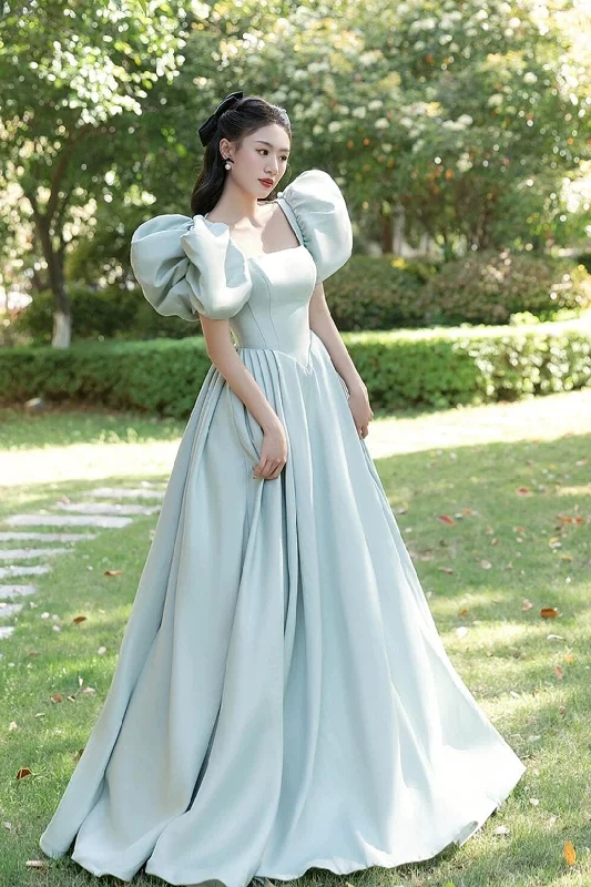 Light Green Satin Long A-Line Princess Dresses, Cute Short Puff Sleeves Evening Party Dresses Tunics Fashionable trendy