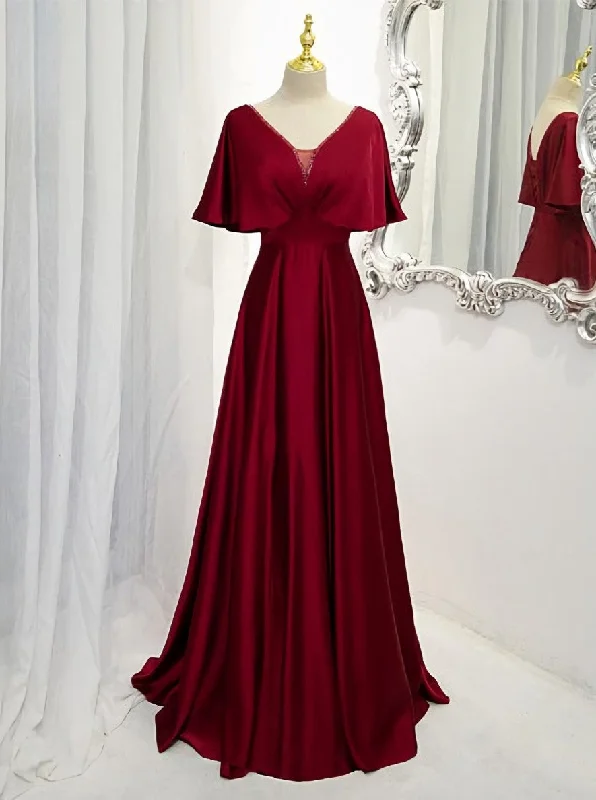 Dark Red Satin A-line Floor Length Evening Dresses, Wine Red Wedding Party Dresses Off-the-shoulder Bohemian Festive