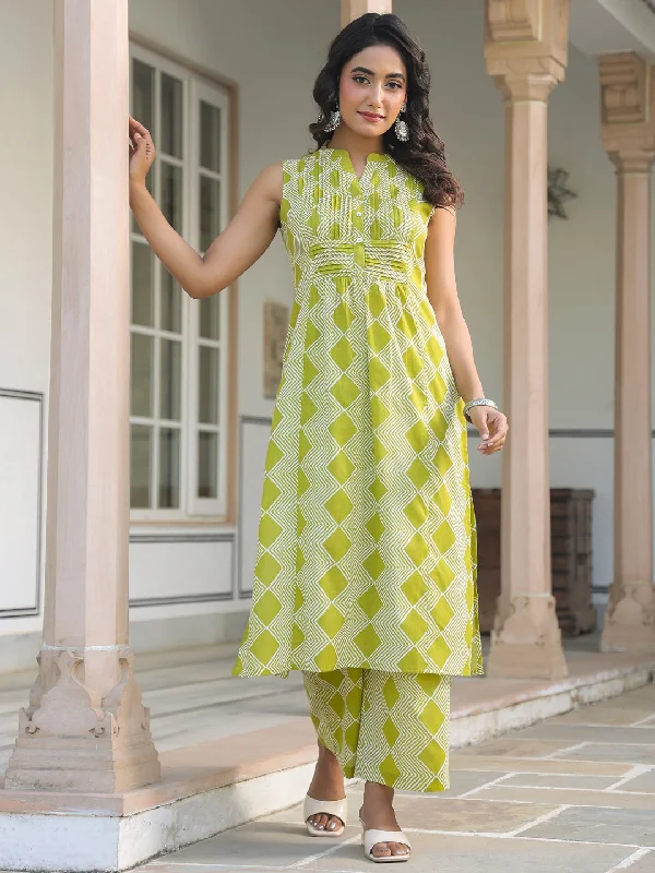 Lime Green Pure Cotton Geometric Printed A-line Kurta Pant Set Fashionable Jogger Pants
