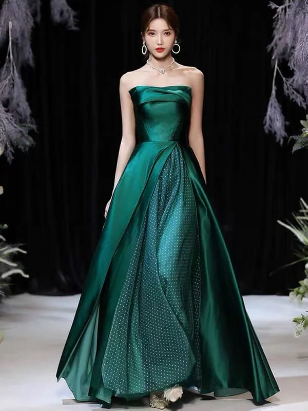 Evening Dress A-Line Strapless Satin Fabric Floor-Length Pleated Formal Party Dresses Forest Green Pageant Dress Tunics Business professional