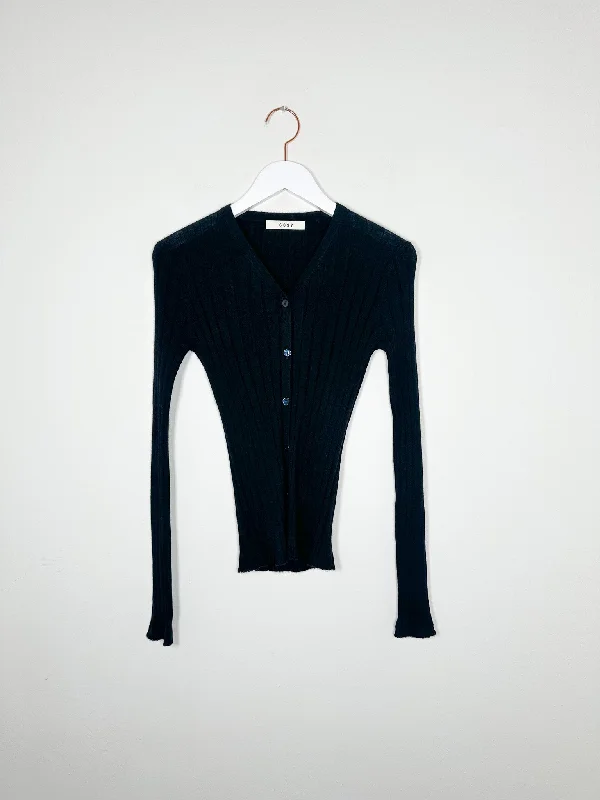 6397 - Wide Rib Cardigan - Black Asymmetrical,ymmetric Pencil Cardigan