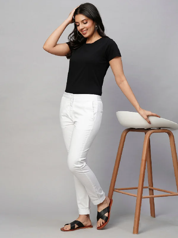 Women's White Cotton Lycra Slim Fit Pant Comfortable Denim Pants