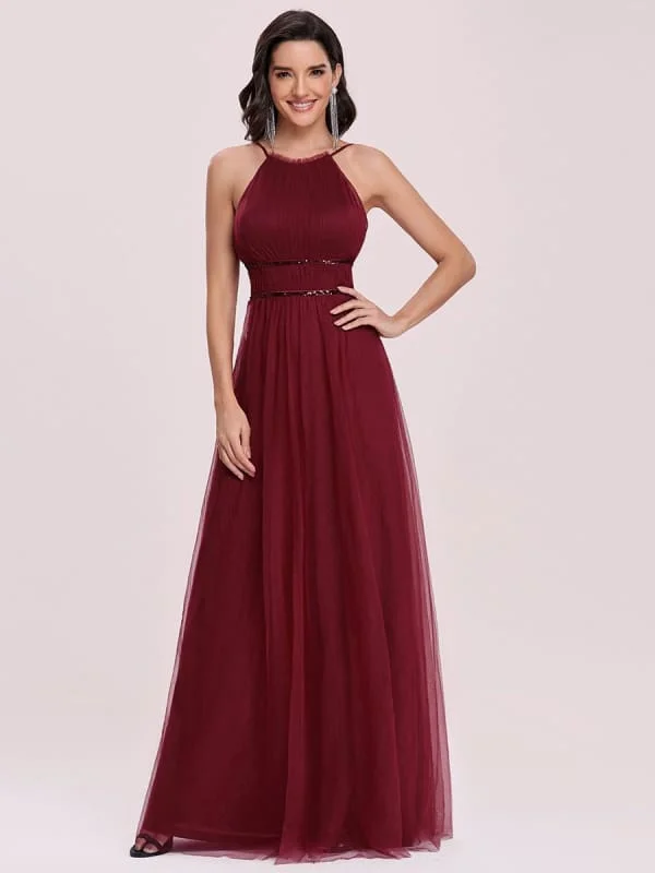 Burgundy Prom Dress A-Line Halter Tulle Sleeveless Sash Long Party Dresses Tunics Satin smooth