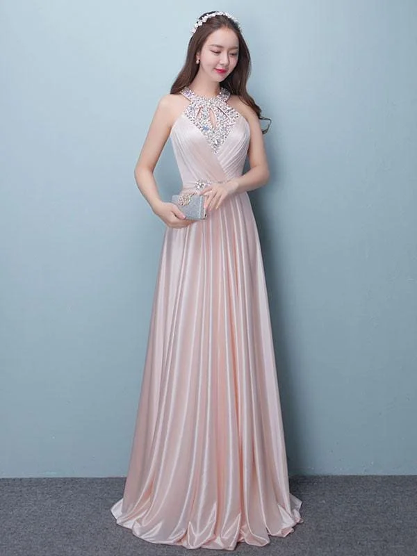 Prom Dresses Long Soft Pink Satin Evening Dress Halter Beading Pleated Floor Length Formal Party Dress Tunics Mesh breathable