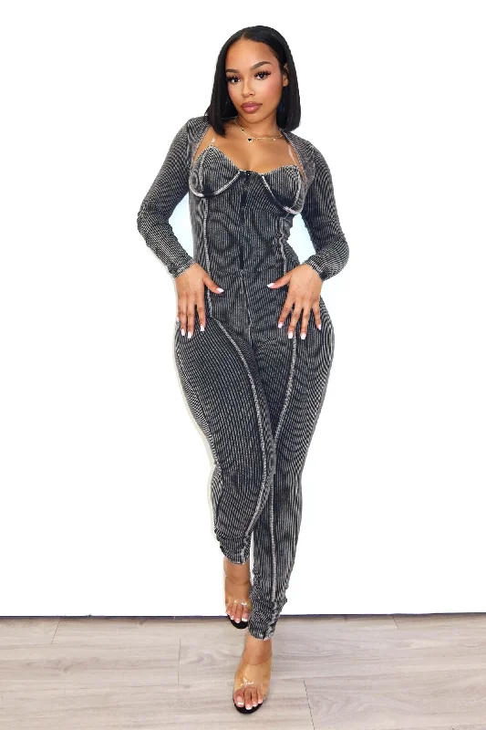 Kali Mineral Washed Jumpsuit & Cardigan SET Fitted Slim Tailored