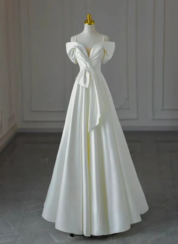 White Satin A-line Off Shoulder Evening Dresses, White Satin Long Wedding Party Dresses Mermaid Tail Wedding