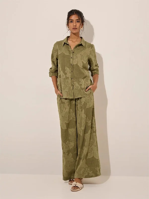LOV Olive Botanical Design High-Rise Cotton Pants Fashionable Sporty Pants