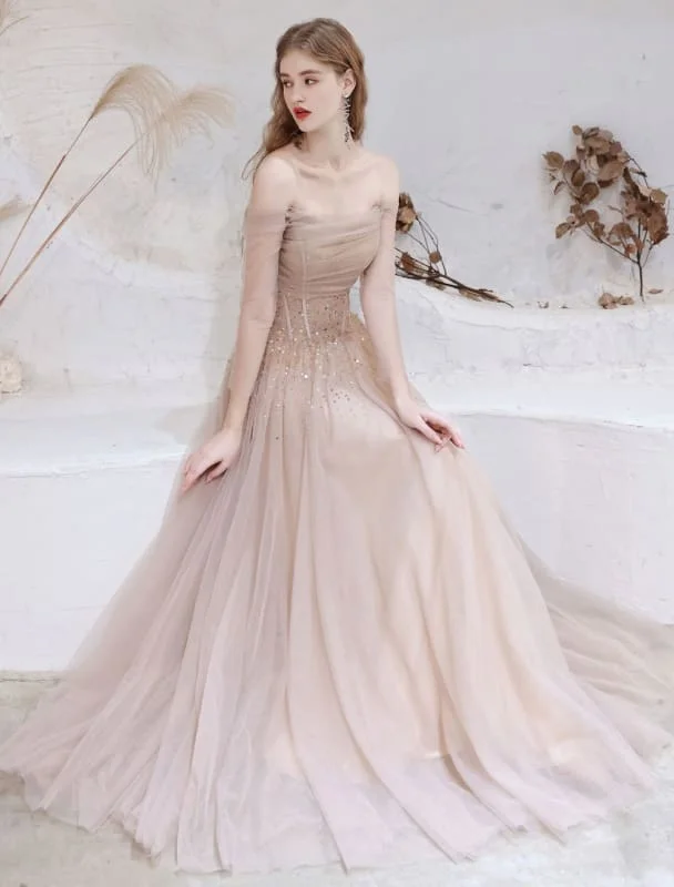 Evening Dress Nude Color A Line Bateau Neck Floor Length Sequins Formal Party Dresses Pageant Dress Tunics Short Trendy
