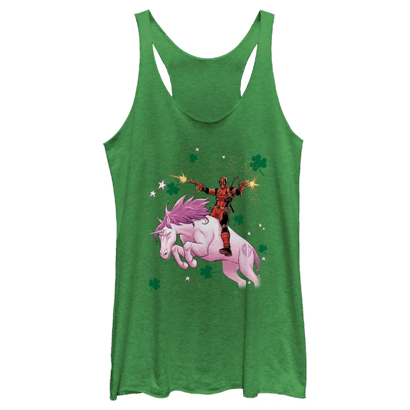 Women's Marvel St. Patrick's Day Deadpool Unicorn Racerback Tank Top teal tank top