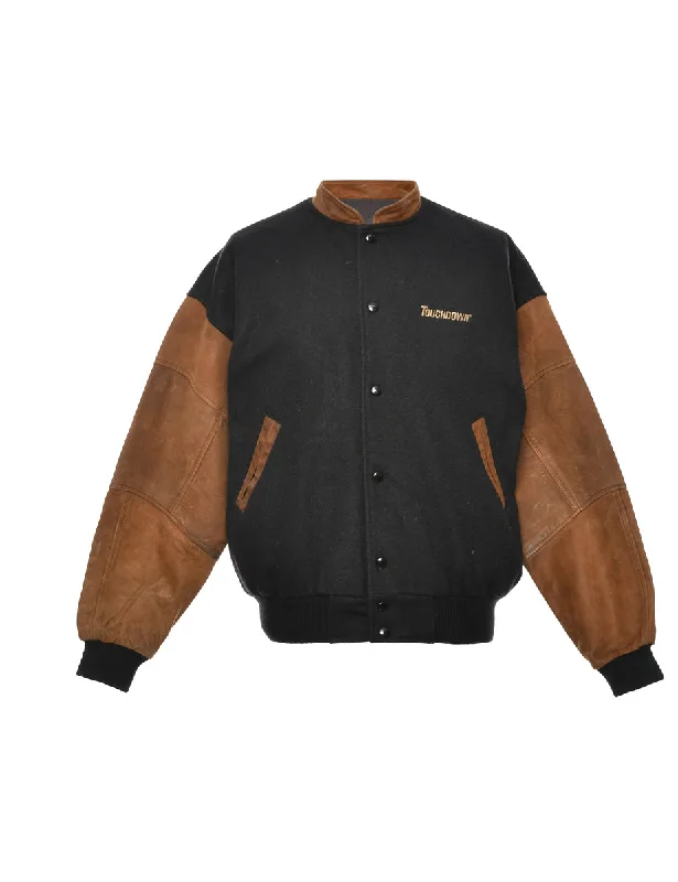 Black & Brown Two-Tone Varsity Jacket - L Print Jacket Jacquard Jacket Embroidered Jacket