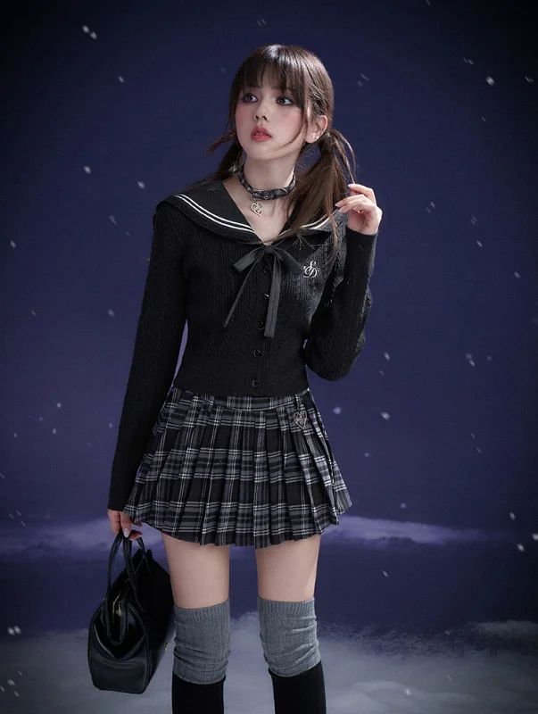 Black Sailor Collar Cable Knit Cardigan SAG0213 Elegant Classic Vintage