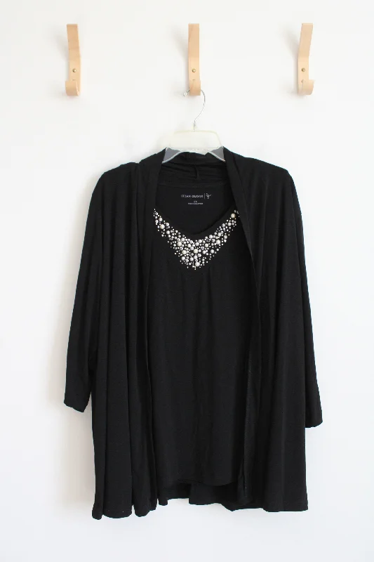 Susan Graver Black Pearl Beaded Two-Piece Tank & Cardigan Set | 2X Seamless Knitted Crochet