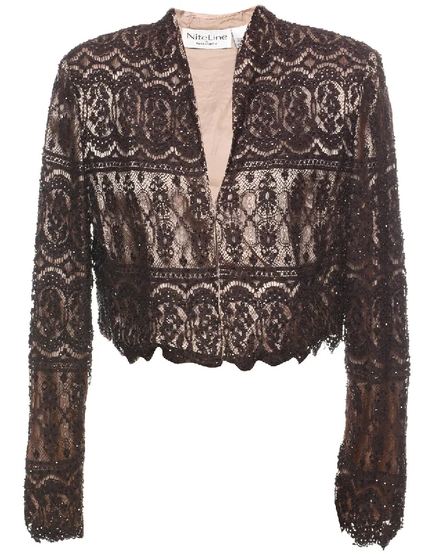 Brown Lace 1980s Evening Jacket - M Notch Collar Peter Pan Collar Cowl Neck